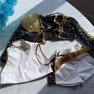 Sequin Bolero and White Outfit with Gold Accents